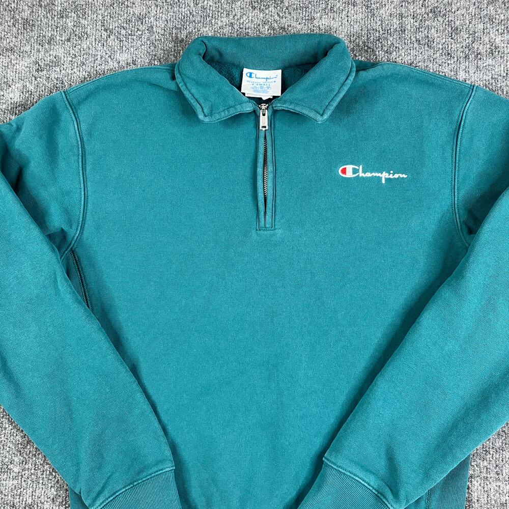 Champion Reverse Weave Quarter Zip Womens Size‎ XS Teal Logo Pullover Sweatshirt